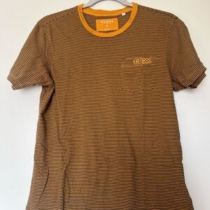 GUESS Men's Black and Orange Striped Tee